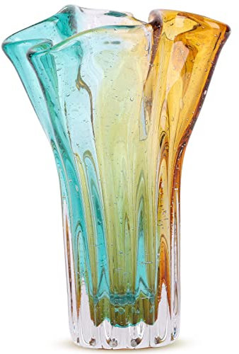 Vase en verre soufflé à la main en forme de pétale à large ouverture, décoration d'intérieur moderne et coloré pour salon familial, salle de mariage, centre de table à manger, centre de table, entrée