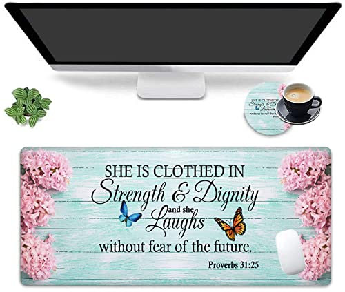 Großes Mauspad mit genähtem Rand, rutschfeste Gummiunterseite für Laptop, PC, Büro, Arbeit, Gaming, Schreibtischunterlage, Laptop, christliche Zitate, Bibelvers, Sprichwörter, rosa Blume