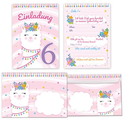 Minkocards 12 Einladungskarten incl. 12 Umschläge zum sechsten Kindergeburtstag 6. Geburtstag Mädchen Lama bunte Einladungen zum Geburtstag Kinder Einladungsset