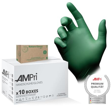 AMPri Biologisch abbaubare Nitrilhandschuhe, grün, 10 Box a 100 Stk, Größe S, puderfrei, Nature Gloves by Med-Comfort: Nitril Einmalhandschuhe, Einweghandschuhe in den Größen XS, S, M, L, XL