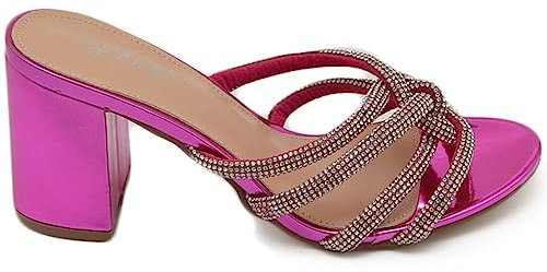 Sandalo Donna in Vernice Fucsia Gioiello Argento Sabot Mule Aperto Dietro con Tacco Grosso 7 cm Incrociato sul Piede (38 EU)