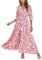 VOGMATE Femme Ete Robe Longue Col en V Élegante Taille Haute 3/4 Manches Robe Boheme Plage Maxi Robes Fluide Décontractées Rose XXL