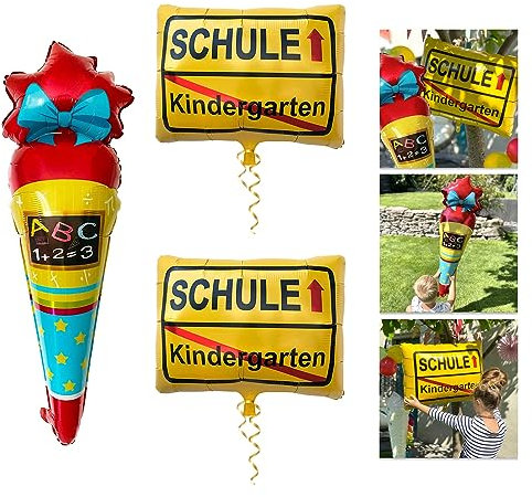 Oblique Unique® Schuleinführung Schulanfang Einschulung Deko Set - Folienballon Zuckertüte - Kindergarten/Schule - Schulkind - HURRA Schulkind (Zuckertüte + “Kindergarten/Schule” Luftballons)