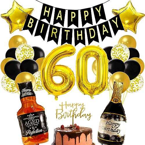 Conruich Balloon 60th Birthday Decoration Set, Birthday Decoration 60 Years Man, Black Gold Decoration 60th Birthday Men Women, Foil Balloon Whisky Champagne Wine Bottle for 60th Birthday Party