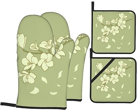 YYHHAOFA Cartoon Begonie Küche Backen vierteiliges Set - Isolierter Ofenhandschuh und Topflappen, dick und langlebig