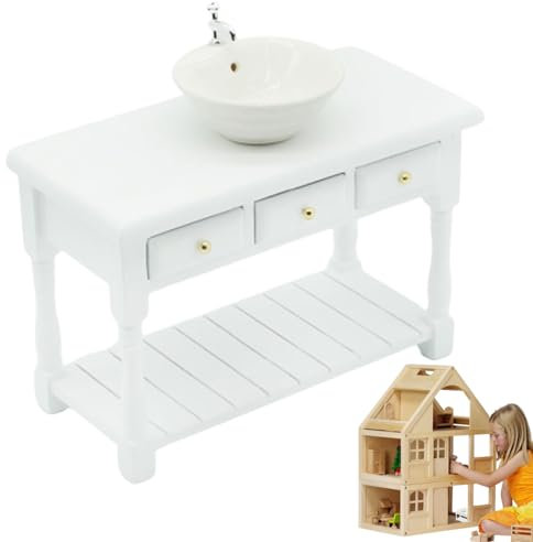Tadoiooy Wichtel Zubehör,Puppenhaus Zubehör, Puppenhauszubehör, Dollhouse Möbel 1:12 Runde Puppenhaus Bad Waschbecken mit Waschtisch Miniatur Badezimmer Tisch Waschbeckenmodell für Dollhouse Weiß