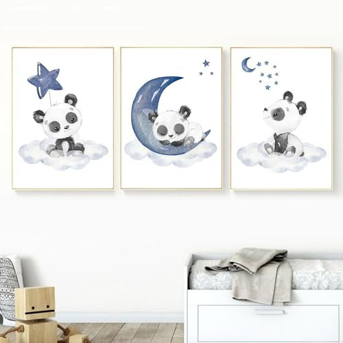 Trayosin 3er Set Poster Kinderzimmer Panda Bilder Deko Babyzimmer, Mond und Sterne Kinderzimmer Deko Boho Wandposter Für Kinder Junge Mädchen (40x50cm)