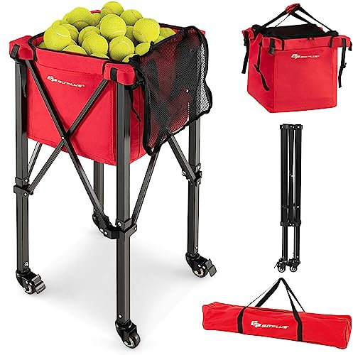 GOPLUS Tenniswagen klappbar, tragbarer Ballwagen mit Tragetasche, Tennisballwagen aus Aluminium & Oxford-Stoff bis 30kg Belastbar, Ball Basket für Tennisball, Badminton & Baseball (Rot)