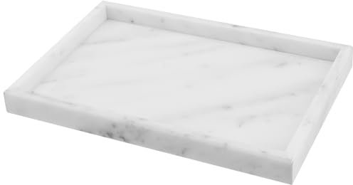 DAKFOOK White Marble Stone Tray, 30 x 20cm Rectangle Bathroom Vanity Organiser Tray for Coffee Table, Kitchen Counter