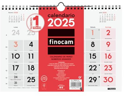 Finocam - Calendario Neutro de Pared Números Grandes 2025 Mes Vista Enero 2025 - Diciembre 2025 (12 meses) Español
