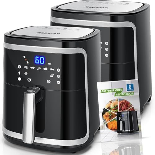 Aigostar Freidora de aire sin aceite 7L, 1900W, 7 funciones preestablecidas + mantener caliente, panel LED táctil. Doble uso: con cesta o cajón. Sin BPA. Libro de recetas incluido, 2 Piezas
