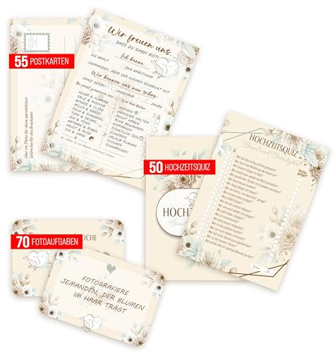 colortouch Hochzeitsspiel mit 70 Aufgaben, 50 Hochzeitsquiz, 52 Postkarten mit Fragen zum Ausfüllen, Fotoaufgaben für Hochzeitsfotos,Vintage Hochzeitsdeko, Hochzeitsgeschenk Alternative zum Gästebuch
