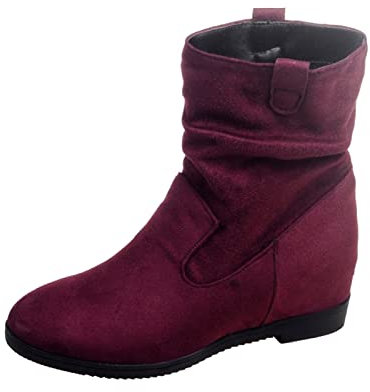 Stivali corti da donna in pelle scamosciata tinta unita plissettata con testa rotonda casual stivali corti in pelle scamosciata tacco basso, vino, 40 EU