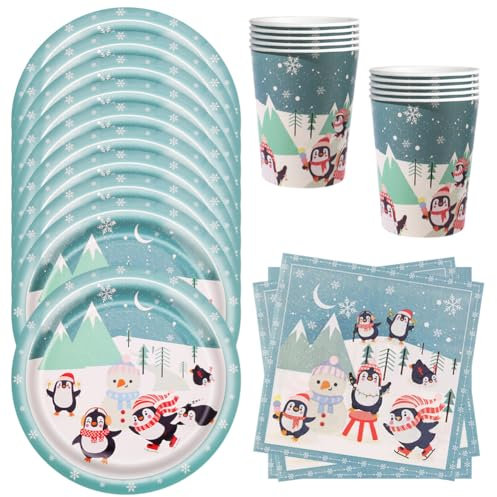 MEZHEN Pinguin Partygeschirr Weihnachten Party Geschirr Winter Kindergeburtstag Deko Geburtstag Pappteller Becher Servietten Tischdeko Geburtstagsparty Geburtstagsfeier Pinguin