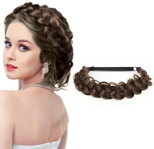 LOPHE Geflochtene Haarbandperücke, Schwarzbraunes traditionelles geflochtenes Mädchenstirnband, Geeignet für Hochzeiten, Oktoberfest, Strandausflüge