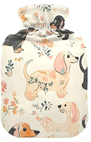 Wärmflaschen mit süßem Dackel, mit weichem Bezug, Hand-/Fußwärmer, Wärmbeutel für Nacken, Schulter und Menstruationskrämpfe, 2 l, Beige