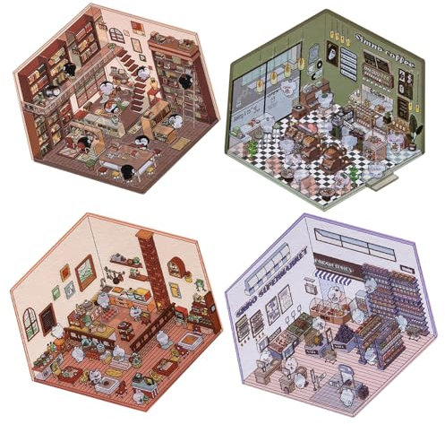 4 Sets DIY 3D Stickers Scene,Fun DIY Stickers Scene,Cute Cartoon Room Sticker Book,DIY Stickers Scene Make Your Own Supermarket,Sticker Room for Adult Kids Relief Stress Pass The Time