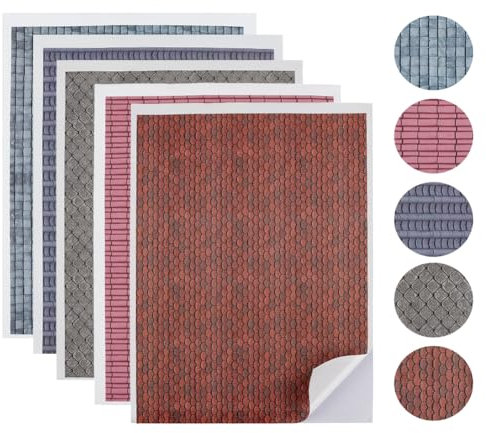 AHANDMAKER 5Pcs 5 Colors Self-Adhesive Roof Tiles and Shingles for Dollhouses, 1:12 Dollhouse Miniature Roof Tiles Paper Doll House Sheets Pads Mini Tiles Model Building Set for DIY Kitchen Garden
