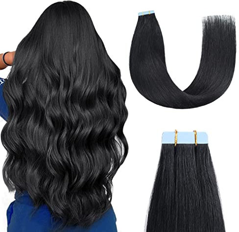 Sunya Tape In Extensions Echthaar, Tiefschwarz Tape Extensions Echthaar Natürliche Echthaar Haarverlängerungen Invisible Seidig Gerade Skin Weft Tape Ins Hair Extensions 45cm 20 Stück 50g/Pack