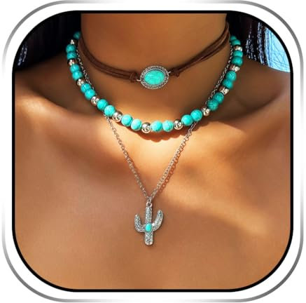 Handcess Boho Türkis Choker Halskette Silber Kaktus Anhänger Halsketten Perlen geschichtete Halskette für Frauen, Einheitsgröße, Türkis, Kein Edelstein