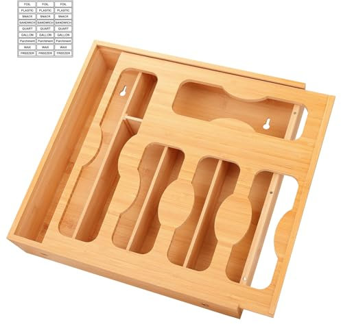 comfoyar 5 In 1 Bamboo Storage Bag Organizer with Slider for Kitchen, Baggie Organiser for Drawer or Wall Mount, Compatible with Gallon Quart Sandwich Snack Size Bag, Variety Plastic Baggies