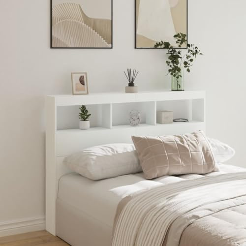 Festnight LED Bett Kopfteil mit Stauraum Regal 140x17x102 cm, Weiß, Modern, Beleuchtet, Viel Stauraum, Holzwerkstoff, 40 kg, Ja