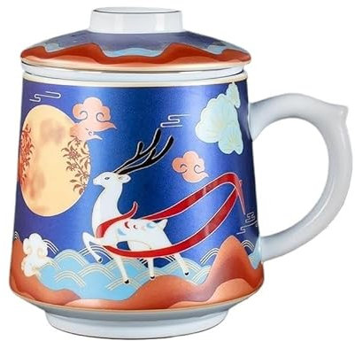 dvegGEE Keramikbecher, chinesisches Teeservice, begleitet von Einer versilberten Keramik-Teetasse mit Tee-/Wassertrennung, mit einem Fassungsvermögen von 425 ml(Blue)