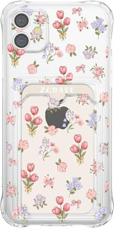 ZCDAYE Floral Clear Case for iPhone 11 with Card Holder, Elegant Cute Flower Woman Phone Case, Soft TPU Shockproof Protective Phone Cover for iPhone 11 (6.1 inches), Tulips