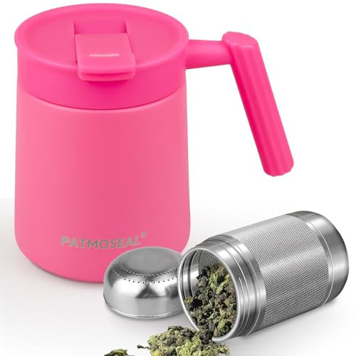 PATMOSEAL Tazza da tè con isolamento sottovuoto, con infusore e coperchio, a prova di perdite, tazza da tè termica con manico, per casa e ufficio, 500 ml (rosso rosa)