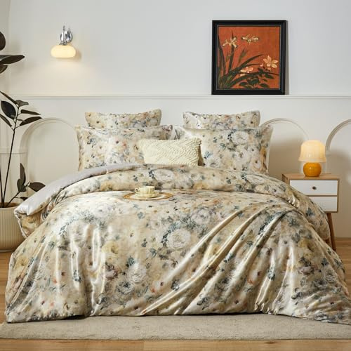 YASMENG Satin Bettwäsche 200x220 Beige Blumen Motive Bettwäsche Satin Glänzend Deluxe Weich Kuschelig Seidig Seide Bettbezug Set 3 Teilig mit Reißverschluss und 2 Kissenbezüge 80x80 cm
