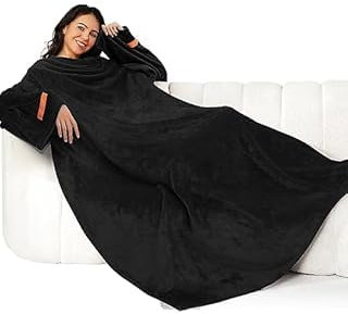 Winthome Blanket with Sleeves, Gift for Women Men Adult, Soft and Cozy Wearable Blanket with Elastic Cuffs, Hook and Loop Fastener (Black, 140x180cm)