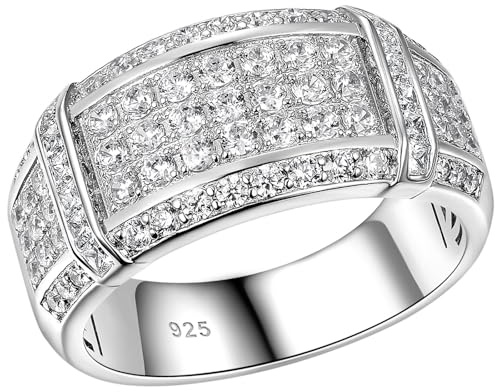 SHELOVES Mens Wedding Rings 925 Sterling Silver Rings Wedding Band Round CZ | AAAAA Cubic Zirconia Promise Rings for Him Engagement Multi Row Sz Q-Z 1/2