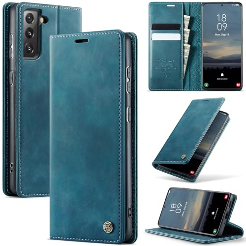 Cracedily Handyhülle für Samsung Galaxy S21 FE Hülle Premium PU Leder Klappbar Stoßfeste Tasche Flip Case [RFID Blocker] Magnet Kartenfach Standfunktion Klapphülle Schutzhülle für S21 FE, Blaugrün