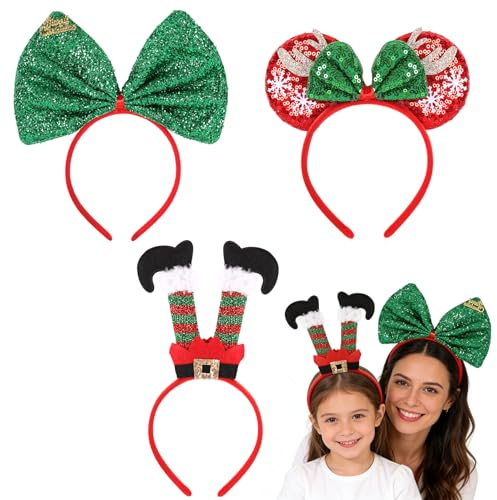 Haarreif Weihnachten,3er Weihnachts Haarreif Weihnachtsmann ＆ Pailletten Schleife ＆ Runde Ohren Weihnachtshaarreif,Weihnachts Kopfschmuck Damen Mädchen Haarbänder für Weihnachtsfeier Accessoires
