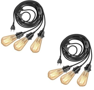 ledscom.de 2x Textilkabel LEKA schwarz, Stecker, Schalter, 8 m, Lampen-Fassung, inkl. 3x E27 LED Leuchtmittel, ST64 (489lm, extra warmweiß)