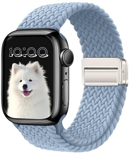 MokaZii Nailon Correa para Apple Watch 46mm(Series 11/10) 45mm 44mm 42mm 49mm, Trenzadas Elástica Magnética Correas Mujer Hombre para Apple Watch SE 3/2/1/Series 11 10 9 8 7 6 5 4 - Azul claro
