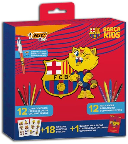 BIC Kids Malset FC Barcelona mit 4 exklusiven Kugelschreibern: CAT, 12 Buntstifte BIC Tropicolors, 12 Kid Couleur-Marker, Malbuch und 18 FC Barcelona-Aufkleber