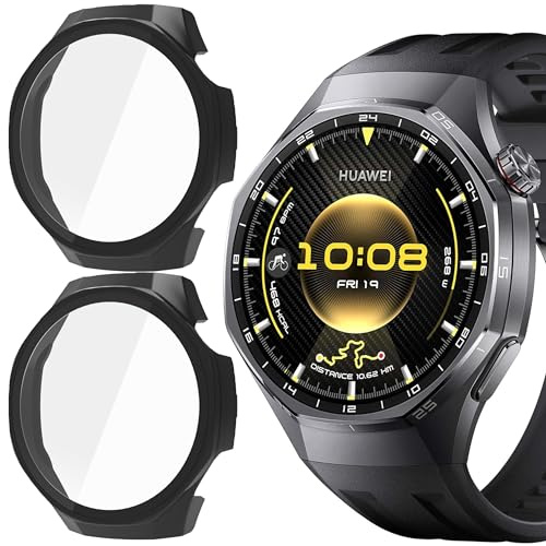 Blueshaweu Schutzhülle kompatibel für Huawei Watch GT 7/6 Serie, Hard PC hülle mit Glas Displayschutz kompatibel mit Huawei GT7/6 Smartwatch (schwarz+schwarz, für Watch GT6/7 Pro 46mm)