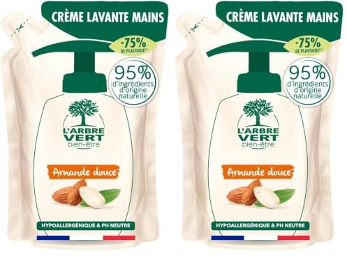 L'Arbre Vert Bien-être Recharge Crème Lavante Mains Parfum Amande douce - Hypoallergénique et pH Neutre - 95% d'ingrédients d'origine naturelle - 300 mL (Lot de 2)