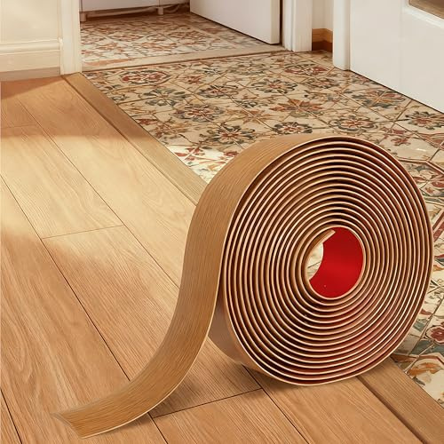 10Ft Self Adhesive Floor Transition Strip, 2 Inch Flat Doorway Threshold & Gap Filler, DIY Mirror Frame Trim & Wall Accent, Waterproof Flexible PVC (Brown Oak Wood Grain)