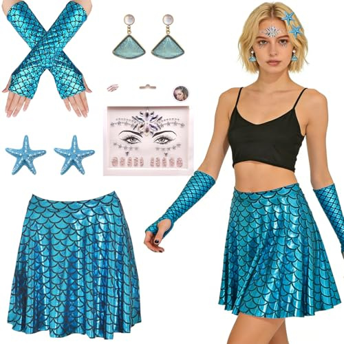 GOUYENG Damen Meerjungfrau Kostüm,5 Stücke Karneval Kostüm,Meerjungfrau Rock,Fischschuppen Rock,Seestern Haarspange,Meerjungfrauen Rocks Damen,für Karneval,Halloween,Fasching,Mottoparty