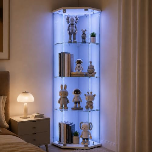 Eckvitrine Glasvitrine mit Beleuchtung,Vitrine Stehend Sammlervitrine Vitrine Glas mit 1 Türen 4 Etagen Vitrinenschrank Fünfeckige Für Bücher,Wohnzimmer (Weiß-A, 1 Tür 4 Lagen – LED Lichtleiste)