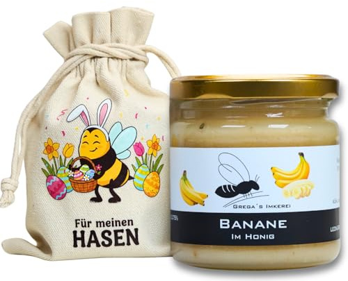 Grega's Imkerei - Honig Geschenkset im Leinensäckchen Für meinen Hasen | 250g Honigspezialität nach Wahl | Ideales Ostergeschenk & Osternest-Füllung | Vom Imker (Banane im Honig 250g)