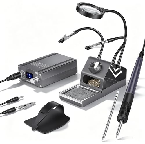 AUCANLA Digitale Lötstation, 75W Lötkolben Set mit 2 Helferarmen, Lupe, automatischer Schlaffunktion, T12 Lötspitzen & multifunktionalem Lötständer