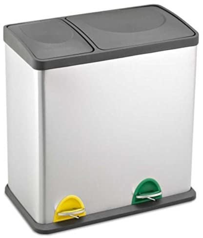 EVRE Recycling Bin, Rectangular 2 Compartment Section 36L Waste Seperation Sortation System with Non Slip Base, Odour Seal, Removable Inner Compartments and Colour Coded (Silver)