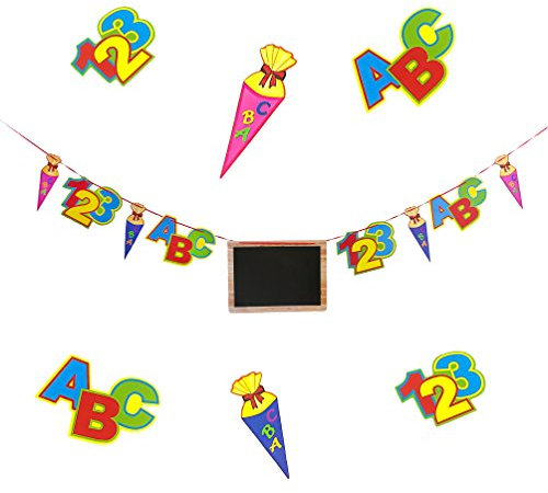 Oblique Unique® Schulanfang ABC Girlande mit beschreibbarer Tafel Schuleinführung Girlande Zuckertüte Kinder Schüler Zuckertüten Fest Dekoration Wunderschöne farbenfrohe Girlande Schuleinführung