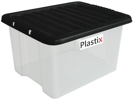 Plastix Clear Plastic Storage Box Boxes With Black Lids Home Office Stackable UK Made (5, 35L)