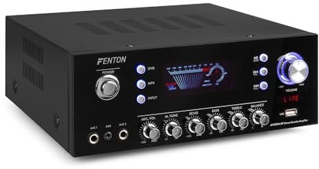 Fenton AV120FM - Amplificador estéreo de Alta fidelidad (2 x 60 W, RMS (8 ohmios), impedancia: 4/8 ohmios, Bluetooth, USB, Radio FM, Pantalla Digital, Echo/Bass/Treble, Color Negro
