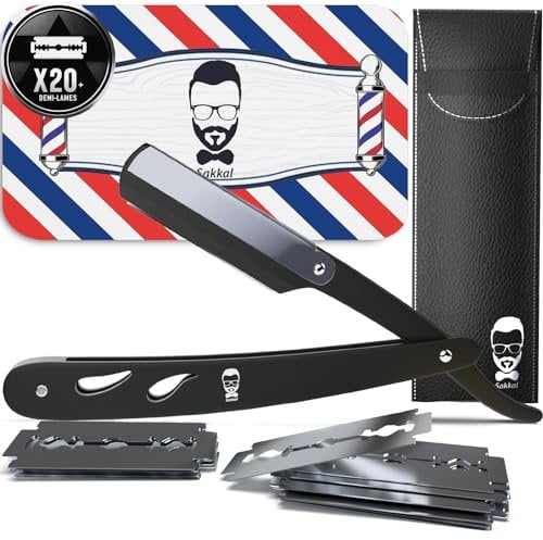 Rasoir à Barbe Coupe choux |20 Demi-Lames Etui Cuir de Transport |KIT rasoir de barbier manuel professionnel barber Visage classique Entretien a main précision vintage Traditionnel coiffeur (NOIR)