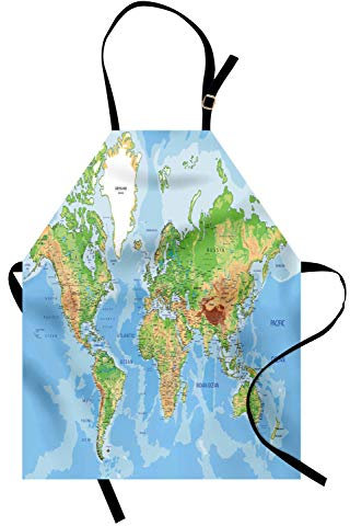 ABAKUHAUS Weltkarte Kochschürze, Topographische Karte der Welt Kontinente Länder Oceans Mountains Bildungs, Farbfest Höhenverstellbar Waschbar Klarer Digitaldruck, Mehrfarbig